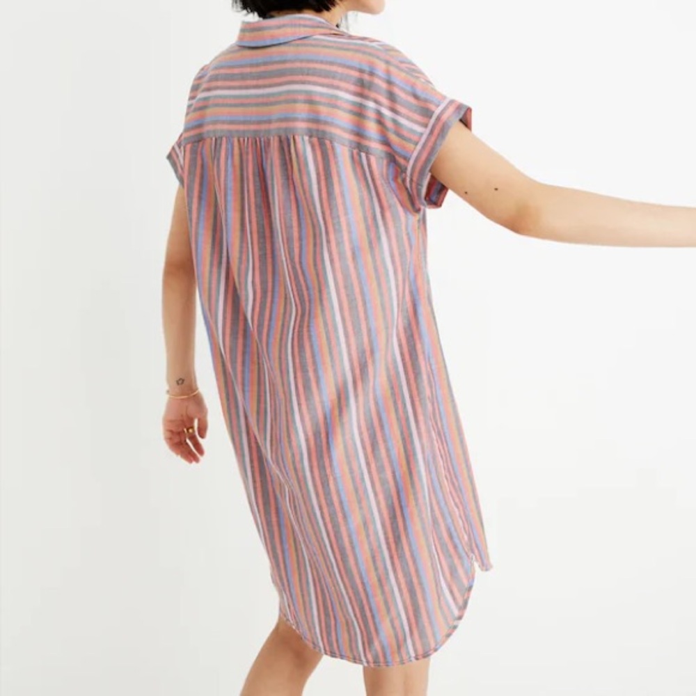 💖Madewell Central Cotton Short Sleeve Shirtdress in Rainbow Stripe - Picture 3 of 7
